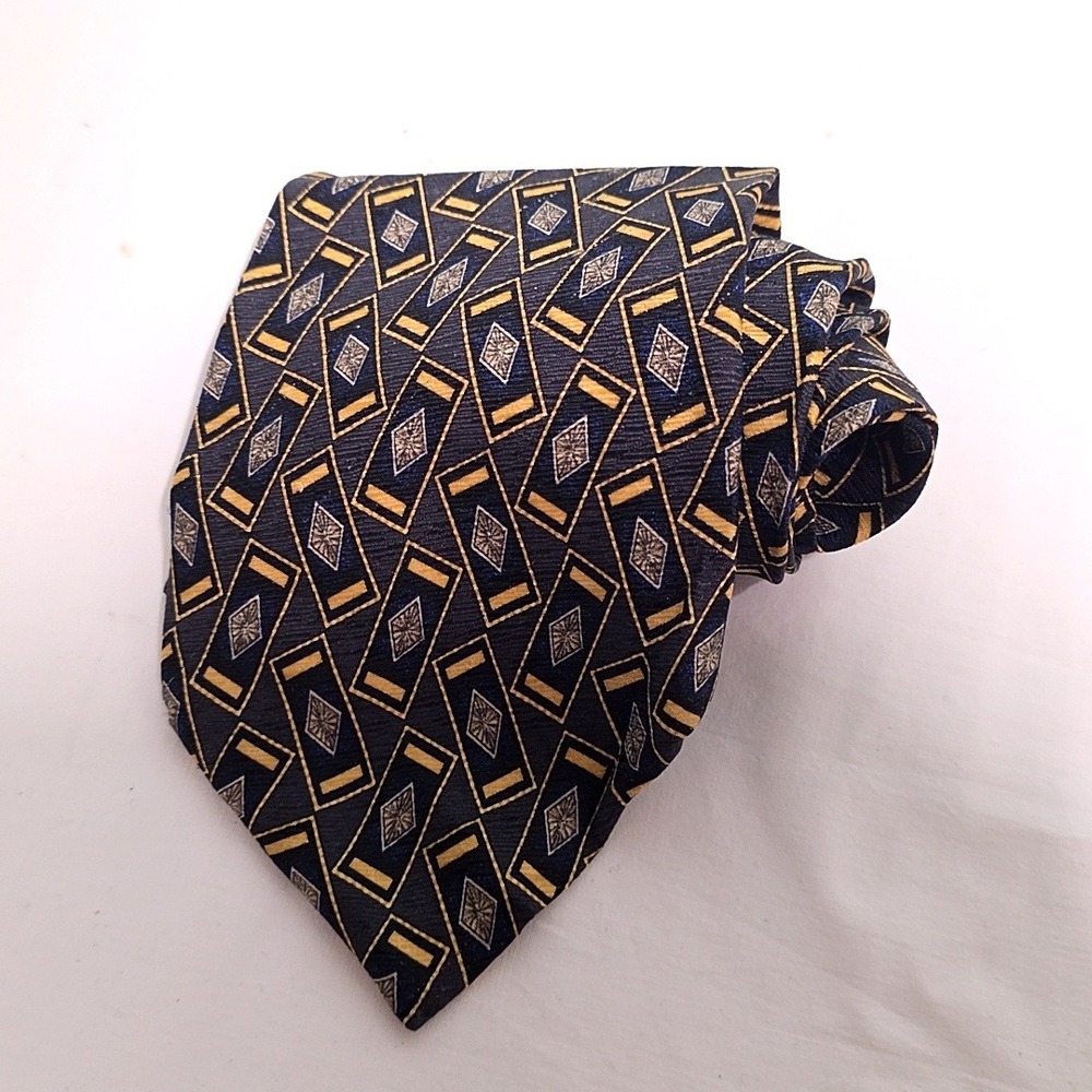 Valentino Necktie Mens Navy Gold Geometric Diamond Silk Hand Made Italy Tie